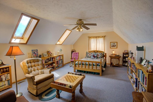 1414 Plains Rd, Leslie, MI 49251 - bedroom featuring a textured ceiling, carpet flooring, vaulted ceiling with skylight, visible vents, and baseboards