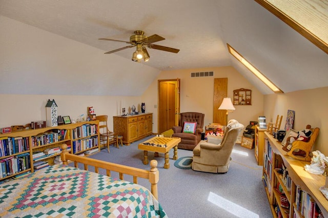 1414 Plains Rd, Leslie, MI 49251 - carpeted bedroom with lofted ceiling, visible vents, and ceiling fan