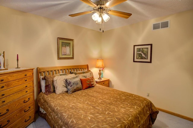 1414 Plains Rd, Leslie, MI 49251 - carpeted bedroom with a textured ceiling, visible vents, ceiling fan, and baseboards