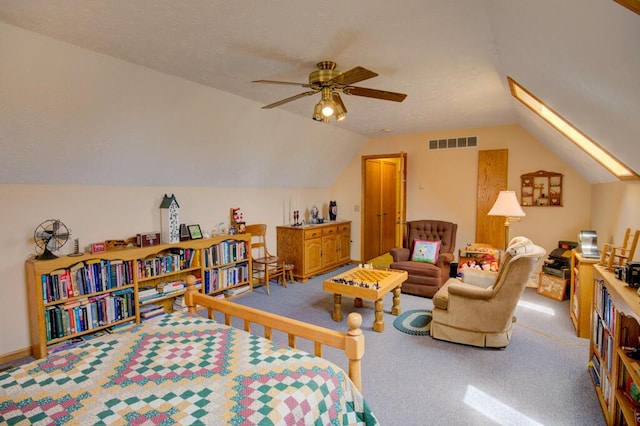 1414 Plains Rd, Leslie, MI 49251 - bedroom with visible vents, ceiling fan, lofted ceiling, and carpet flooring