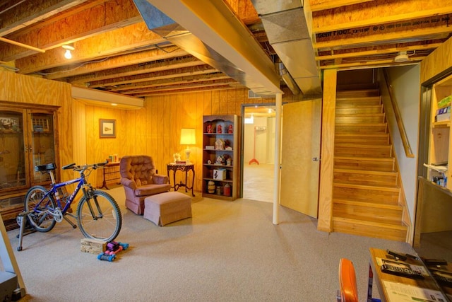 1414 Plains Rd, Leslie, MI 49251 - below grade area with wooden walls, stairs, and carpet floors