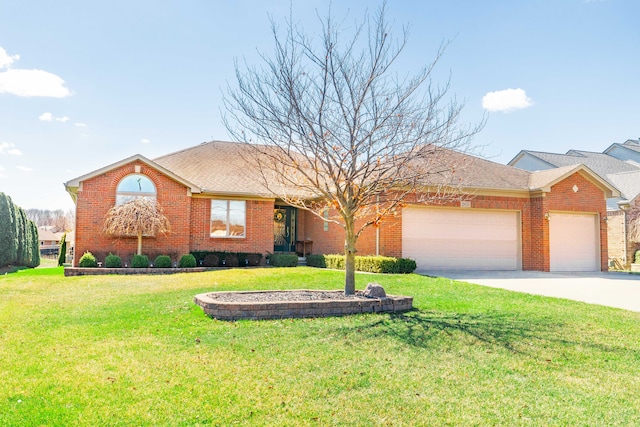 single story home with brick siding, a shingled roof, a garage, a front lawn, and concrete driveway