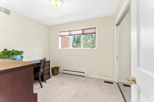 office area featuring a baseboard radiator, light colored carpet, and visible vents