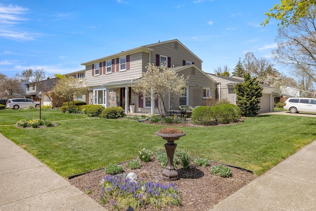 view of front of house featuring a garage, covered porch, a front lawn, and concrete driveway