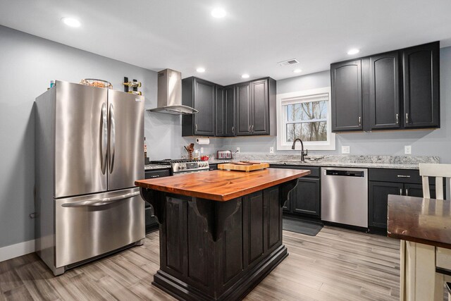 kitchen featuring butcher block counters, appliances with stainless steel finishes, a sink, visible vents, and wall chimney exhaust hood