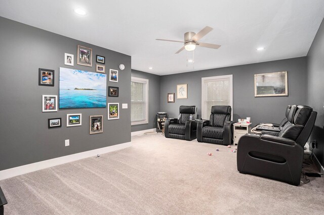 cinema room featuring ceiling fan, recessed lighting, carpet flooring, and baseboards