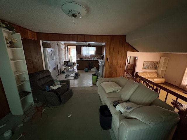 living area featuring carpet and wooden walls