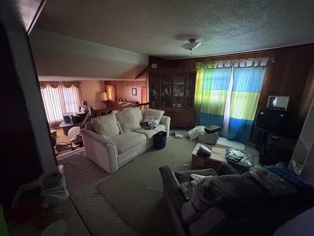 living room featuring a textured ceiling and carpet flooring