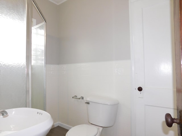 bathroom with a shower stall, toilet, and a sink