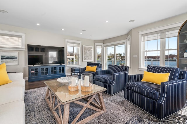 1300 N Eagle Lake Dr, Kalamazoo, MI 49009 - living room with recessed lighting, a water view, and wood finished floors