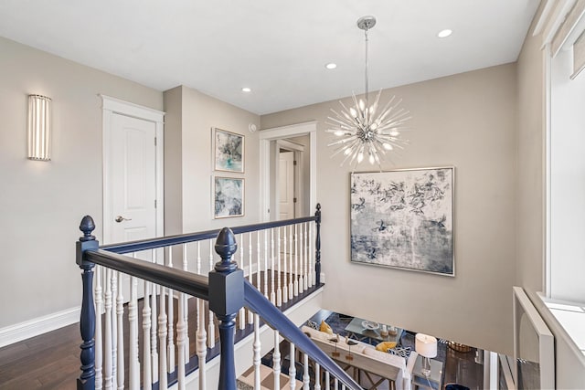 1300 N Eagle Lake Dr, Kalamazoo, MI 49009 - hallway with recessed lighting, an upstairs landing, a notable chandelier, baseboards, and dark wood finished floors