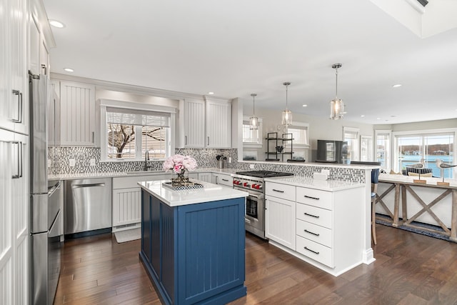 1300 N Eagle Lake Dr, Kalamazoo, MI 49009 - kitchen featuring light countertops, a peninsula, appliances with stainless steel finishes, and a healthy amount of sunlight
