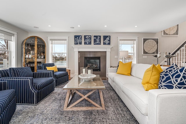 1300 N Eagle Lake Dr, Kalamazoo, MI 49009 - living area featuring recessed lighting, stairs, and a fireplace