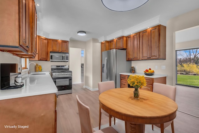 9315 Kingsley Dr, Onsted, MI 49265 - kitchen featuring light wood-style flooring, a sink, appliances with stainless steel finishes, and light countertops