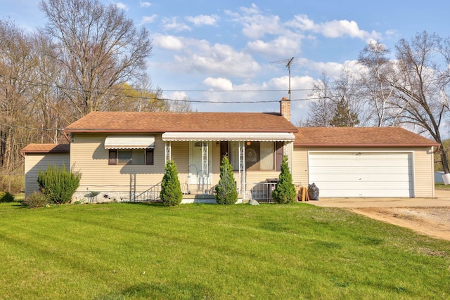view of front of home featuring cooling unit, a chimney, a detached garage, roof with shingles, and a front yard