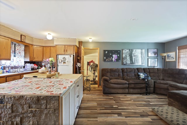 kitchen featuring freestanding refrigerator, light countertops, dark wood-style flooring, a center island, and open floor plan
