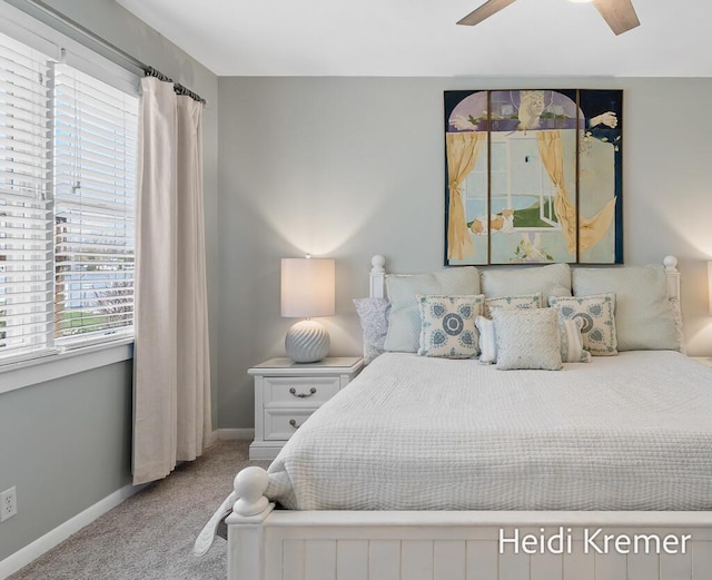 bedroom featuring carpet flooring, ceiling fan, and baseboards