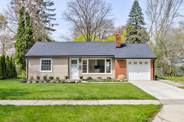 ranch-style house featuring a front lawn, brick siding, a garage, a chimney, and concrete driveway