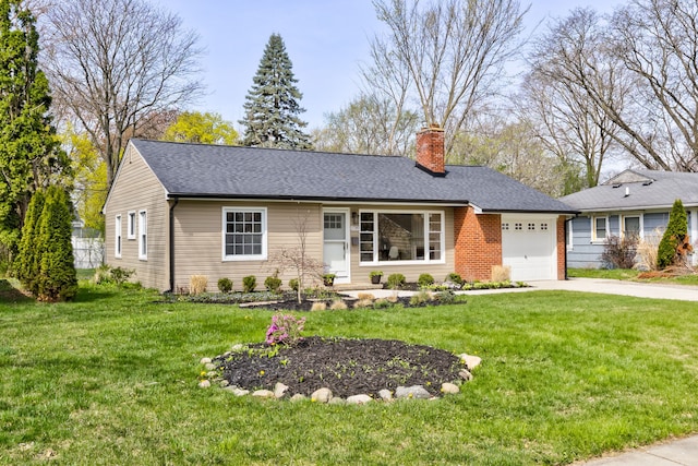 ranch-style house with a garage, a front yard, driveway, and a chimney