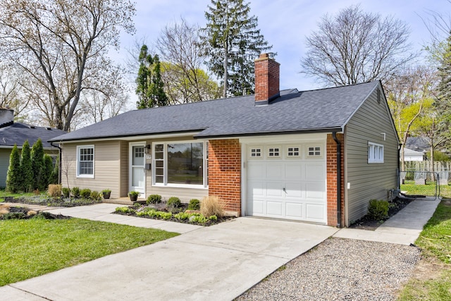 ranch-style house with brick siding, an attached garage, driveway, and a chimney