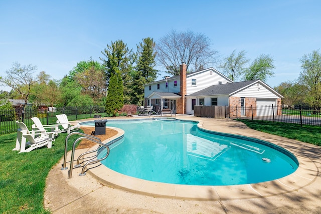 view of pool with a yard, fence, a fenced in pool, and a patio