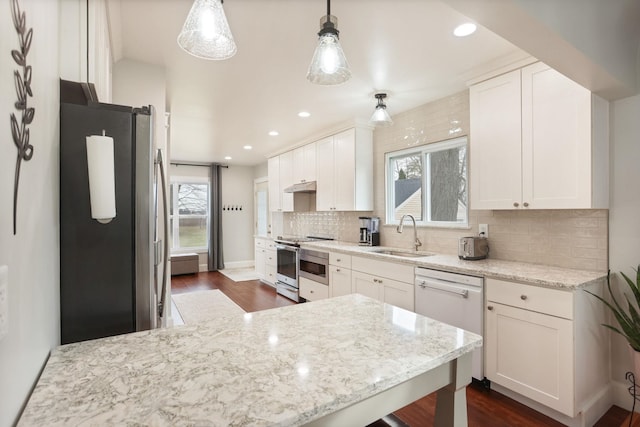 1743 Midland Rd, Bay City, MI 48706 - kitchen with stainless steel appliances, a sink, under cabinet range hood, dark wood-type flooring, and recessed lighting