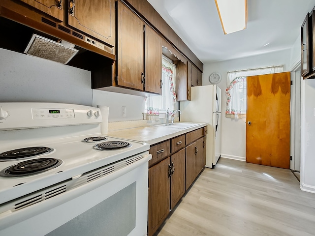 kitchen with white appliances, under cabinet range hood, a sink, light countertops, and light wood-type flooring