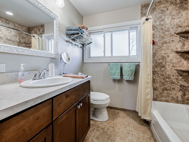 bathroom featuring vanity, tile patterned floors, toilet, and shower / bath combination with curtain