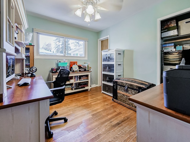 office space featuring light wood-style floors and ceiling fan