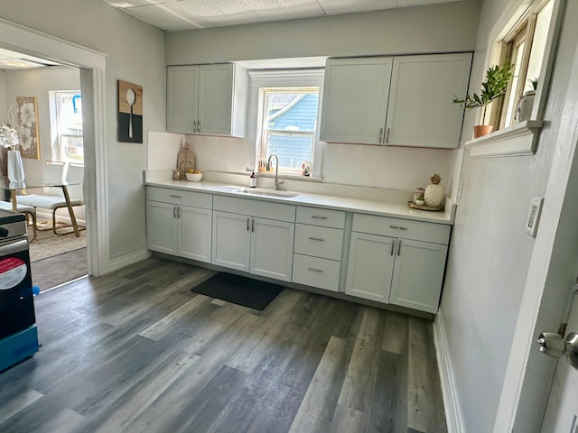 kitchen with dark wood-type flooring, a healthy amount of sunlight, light countertops, and a sink