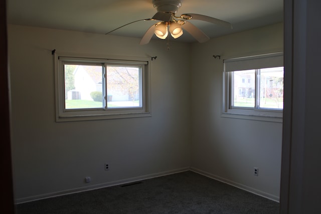 33185 Swallow Dr, Rockwood, MI 48173 - spare room with baseboards, visible vents, dark carpet, and a ceiling fan