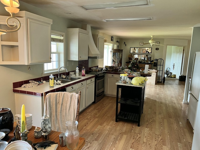 kitchen with a wealth of natural light, stainless steel electric range oven, custom exhaust hood, and a sink