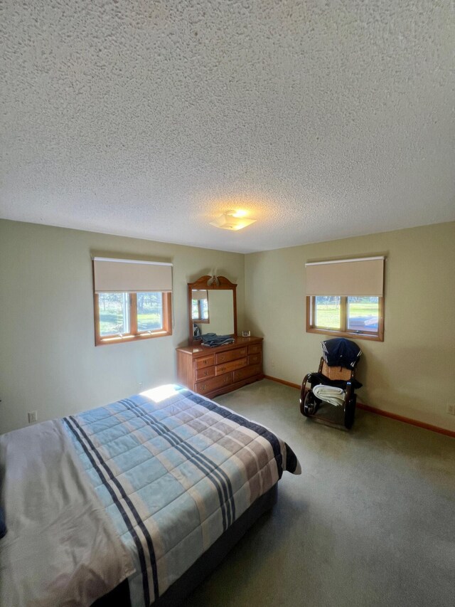 bedroom featuring a textured ceiling, multiple windows, and carpet floors