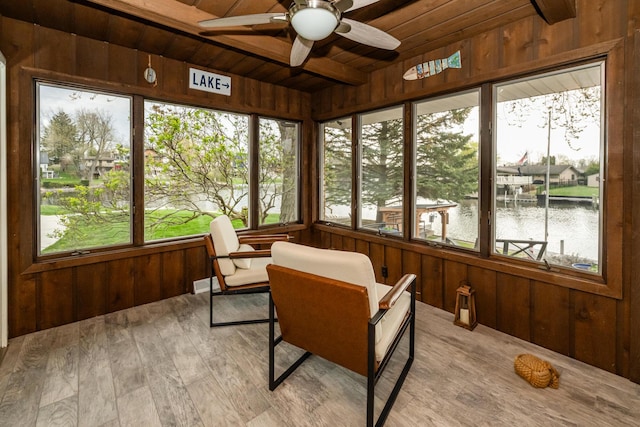 6950 Shore Dr, Coloma, MI 49038 - sunroom with a water view, wood walls, a wealth of natural light, and wood ceiling