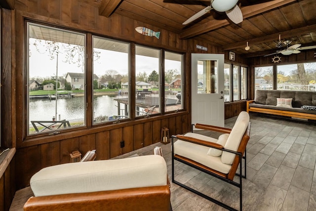 6950 Shore Dr, Coloma, MI 49038 - sunroom featuring a water view and beam ceiling