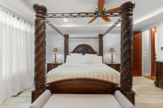 bedroom with recessed lighting, ceiling fan, and light wood-style flooring
