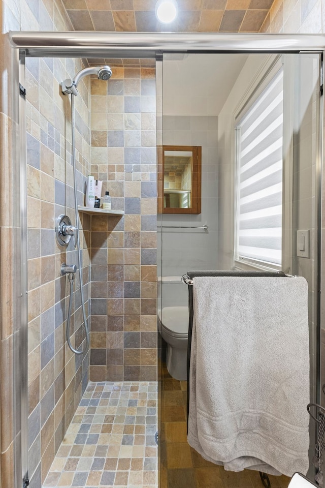 bathroom featuring toilet and a shower stall
