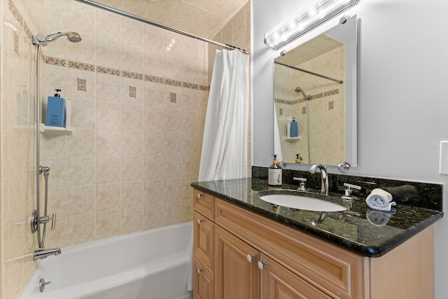 bathroom with vanity and shower / bath combination with curtain