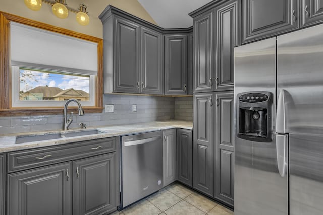 9015 Kingsley Dr, Onsted, MI 49265 - kitchen with gray cabinetry, stainless steel appliances, backsplash, and a sink