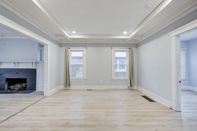 849 Chalmers St, Detroit, MI 48215 - unfurnished living room with recessed lighting, light wood-type flooring, a brick fireplace, baseboards, and visible vents