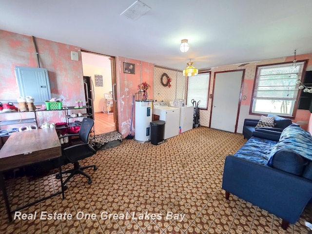 1520 Coolidge Ave, Saginaw, MI 48638 - office area with water heater, washing machine and dryer, electric panel, and wallpapered walls