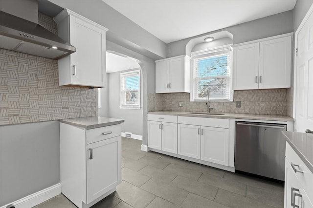 18603 Monica St, Detroit, MI 48221 - kitchen with a sink, backsplash, wall chimney range hood, light countertops, and stainless steel dishwasher