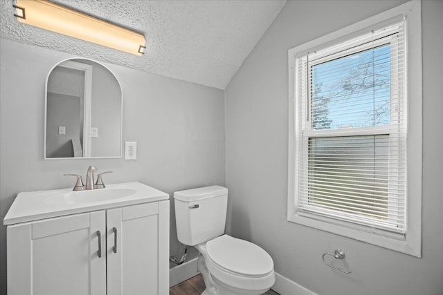 18603 Monica St, Detroit, MI 48221 - bathroom with vanity, toilet, baseboards, a textured ceiling, and lofted ceiling