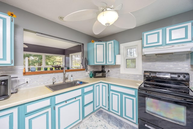 7364 Regency Ln, Canadian Lakes, MI 49346 - kitchen with a sink, backsplash, under cabinet range hood, and black range with electric cooktop