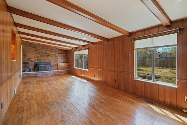 unfurnished living room with visible vents, a wood stove, beam ceiling, hardwood / wood-style floors, and wooden walls