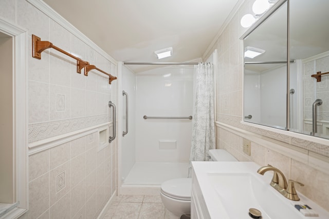 bathroom with toilet, tile walls, and a stall shower