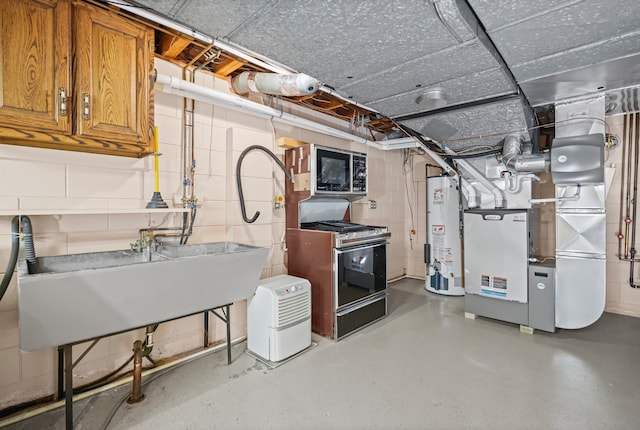 unfinished basement featuring gas water heater and concrete block wall