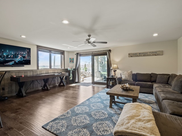 3190 Edgewood Park Dr, Commerce Twp, MI 48382 - living room featuring recessed lighting, ceiling fan, and wood finished floors