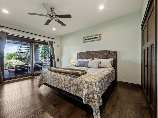 3190 Edgewood Park Dr, Commerce Twp, MI 48382 - bedroom with a ceiling fan, baseboards, access to outside, recessed lighting, and dark wood-type flooring