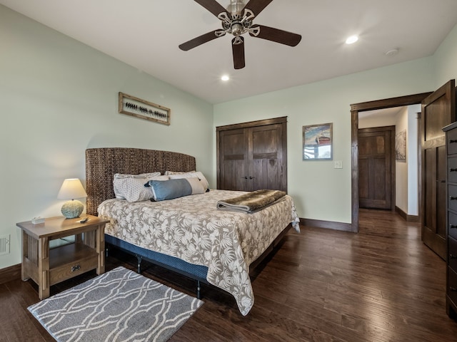 3190 Edgewood Park Dr, Commerce Twp, MI 48382 - bedroom featuring dark wood-style flooring, ceiling fan, recessed lighting, baseboards, and visible vents
